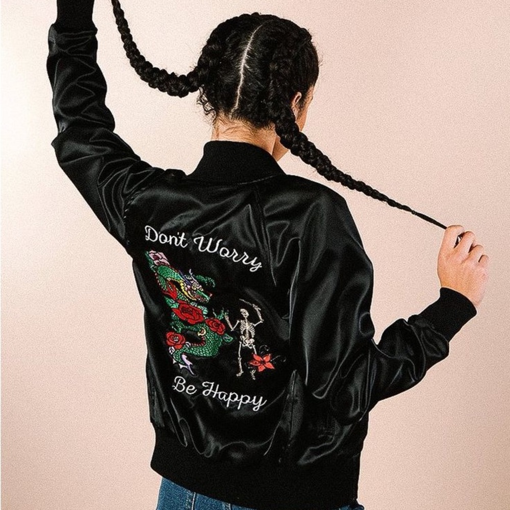 VALFRE DON’T WORRY BE HAPPY SATIN BOMBER JACKET